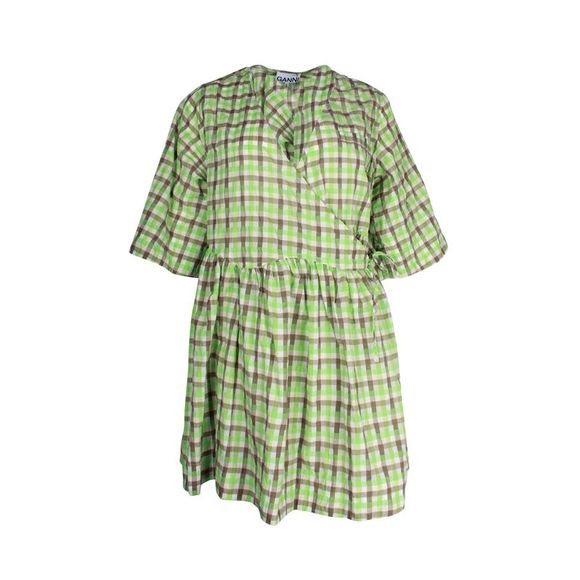 Ganni | Dresses | Ganni Checked Seersucker Wrap Dress In Green Organic  Cotton | Poshmark
